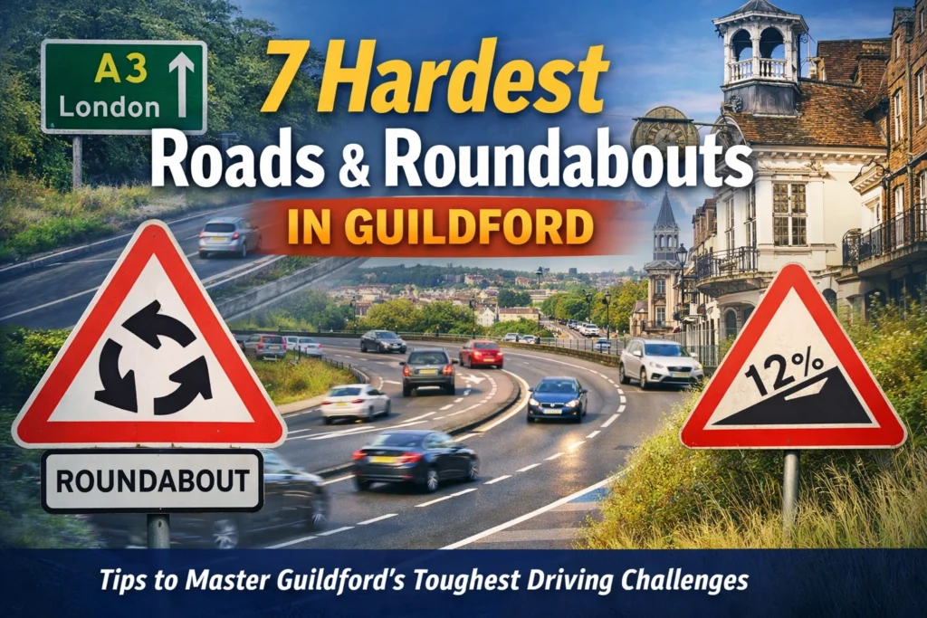 Busy roundabout and A3 road sign in Guildford showing challenging driving test routes and steep hill warning