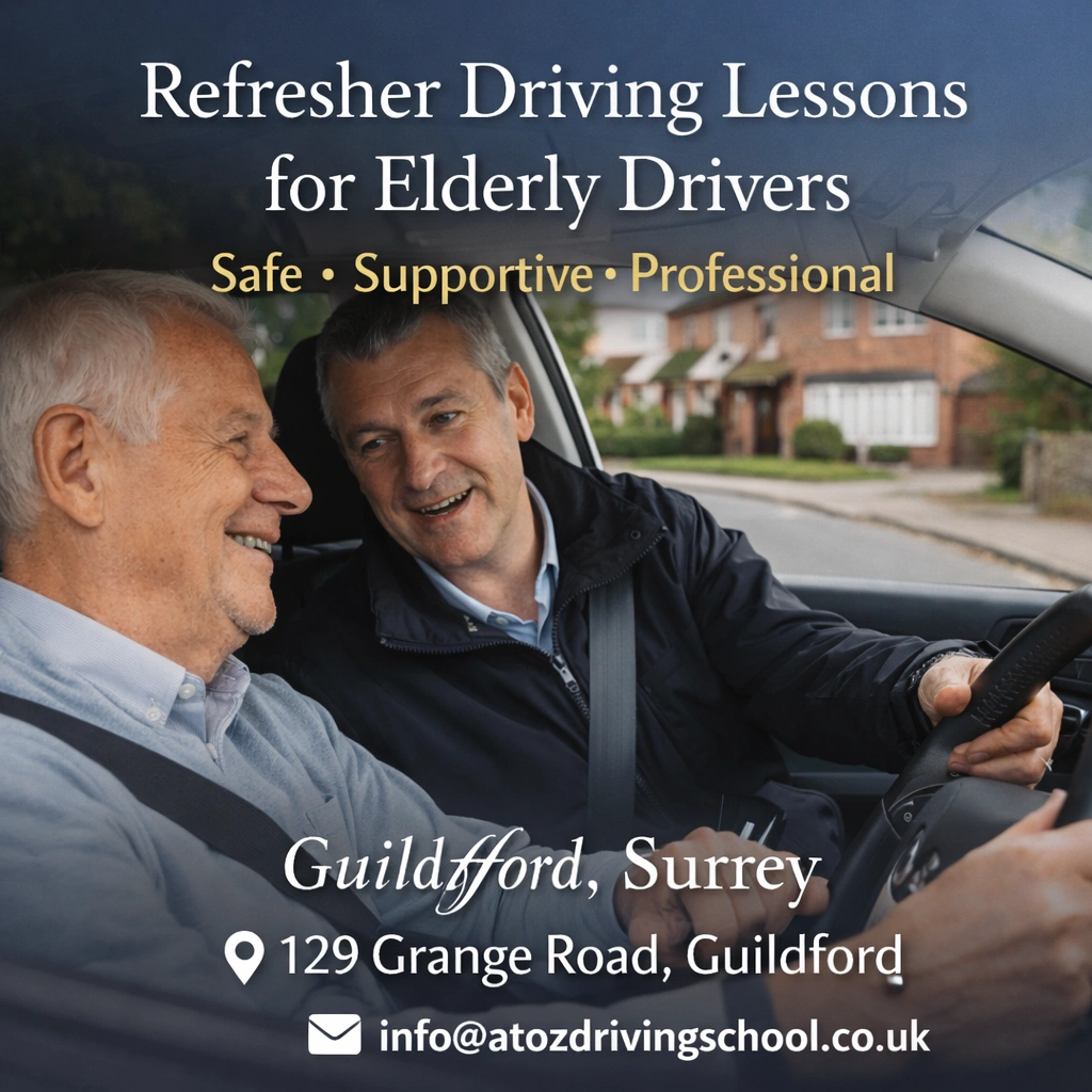 Senior driver receiving supportive refresher driving training with professional instructor in Guildford Surrey