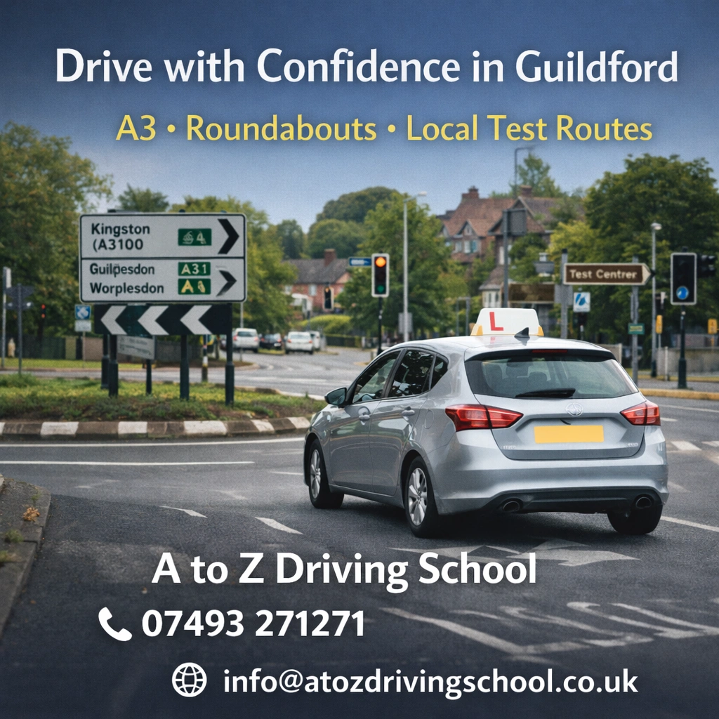 Driving lesson car navigating Guildford roundabout near town centre during refresher driving training session