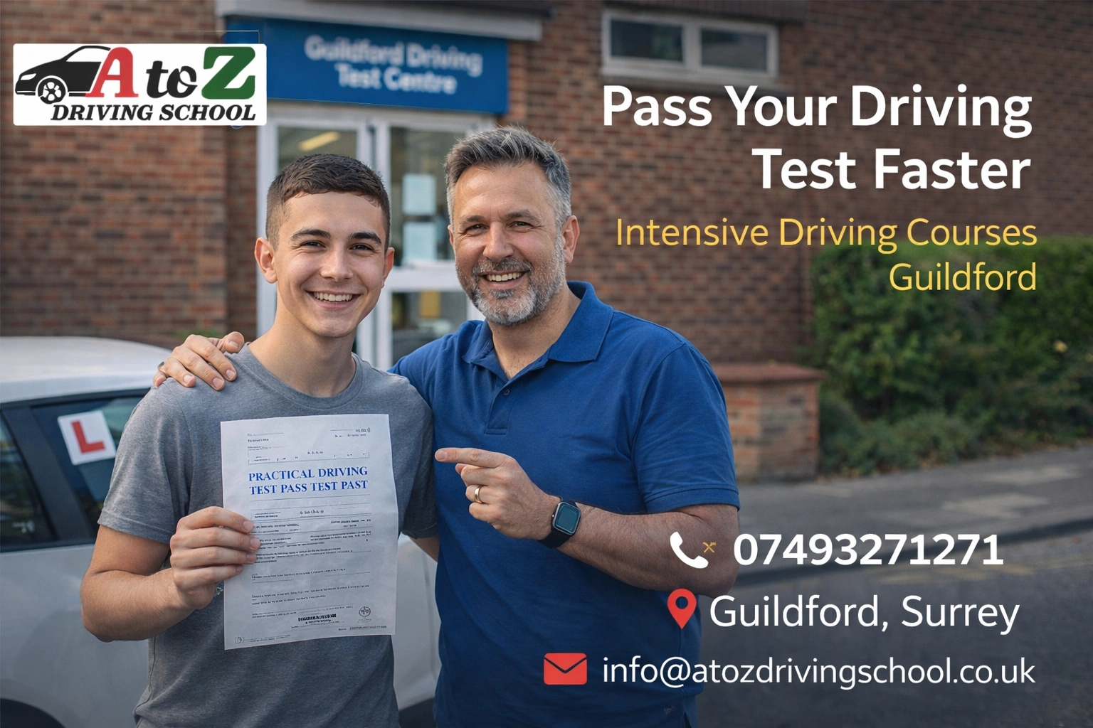 Student passing driving test after intensive driving course in Guildford