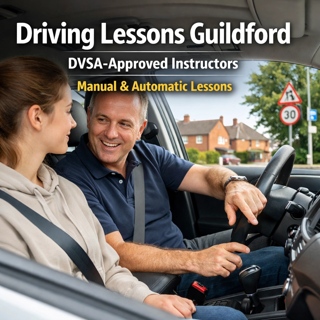 DVSA-approved driving instructor teaching a learner driver during a driving lesson in Guildford