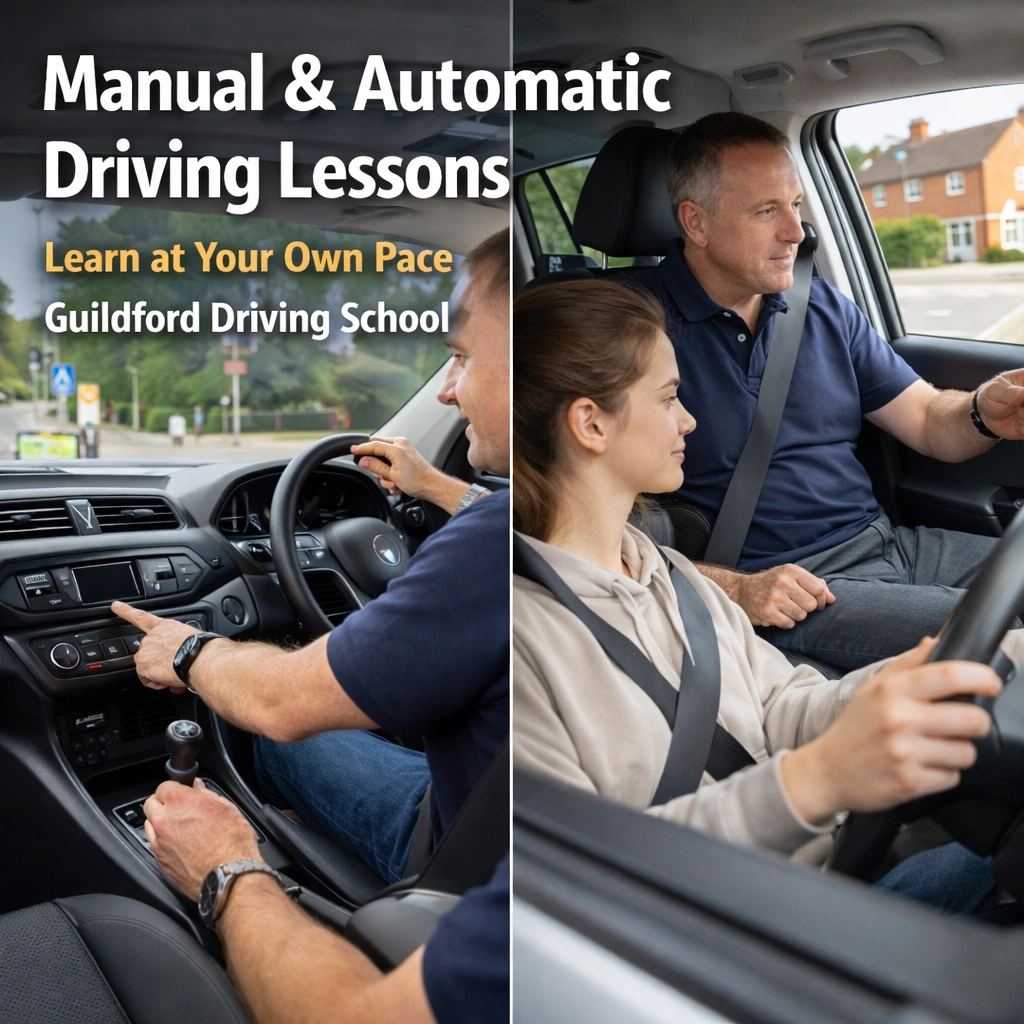 Driving instructor teaching manual and automatic driving lessons in Guildford Surrey