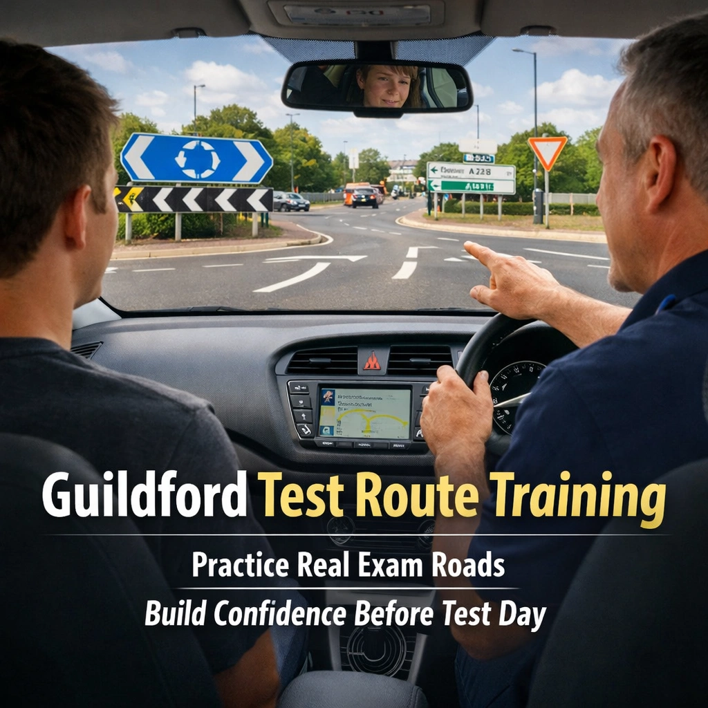 Learner driver practising roundabout and test route driving during lessons in Guildford