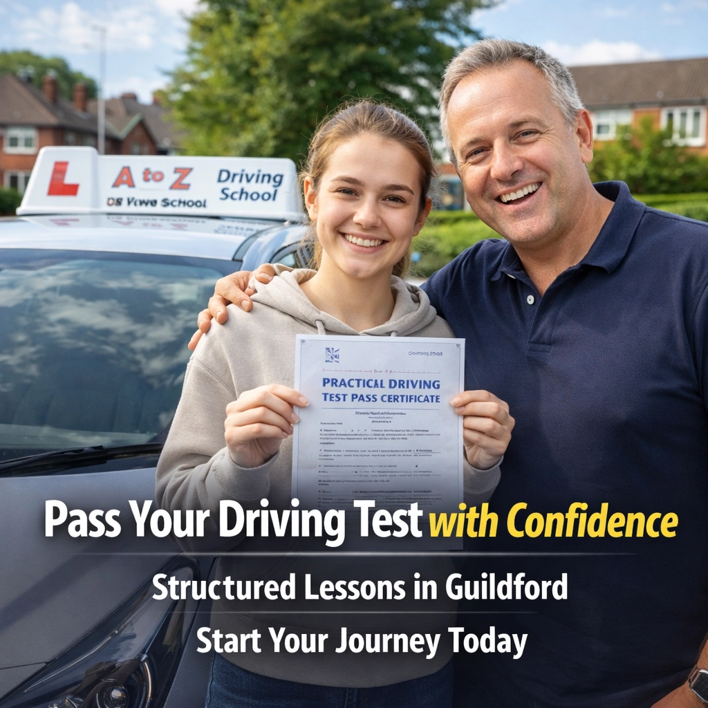 Happy learner driver holding driving test pass certificate with instructor in Guildford