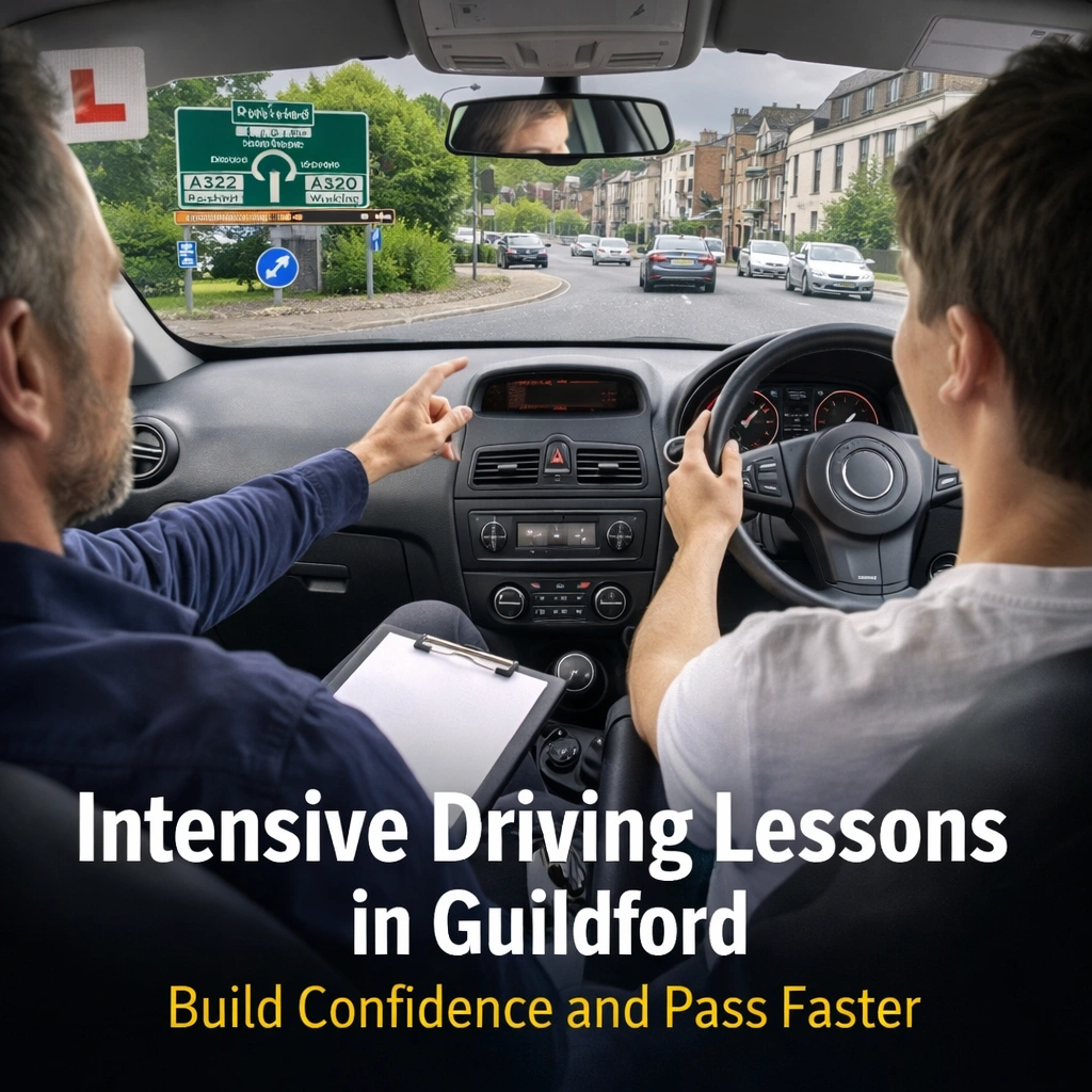 Learner driver practising intensive driving lessons in Guildford town centre with instructor guidance