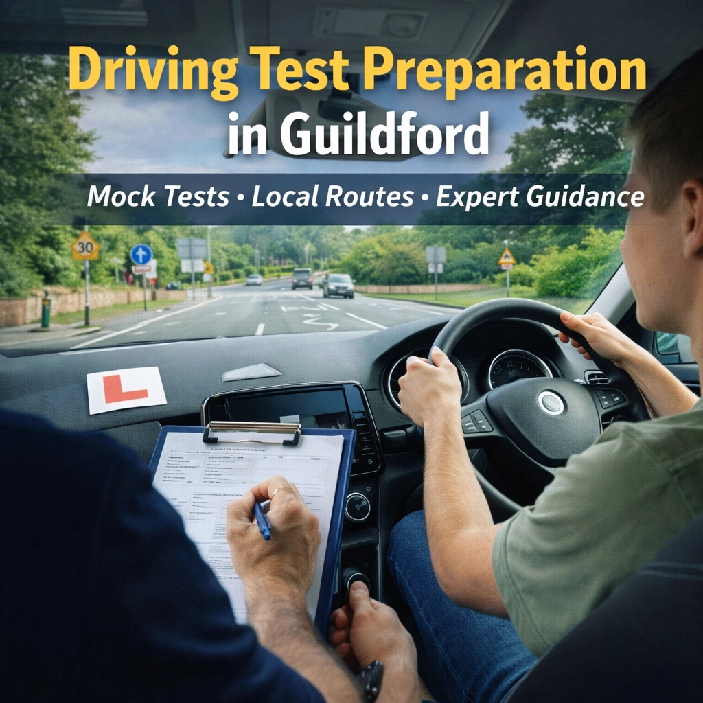 Learner driver completing a mock driving test in Guildford with instructor observing and providing guidance