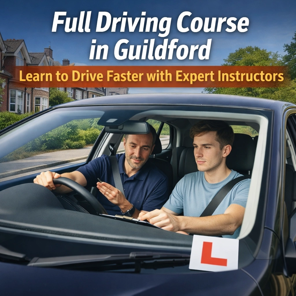 Learner driver taking a full driving course in Guildford with a professional instructor in a dual-control training car