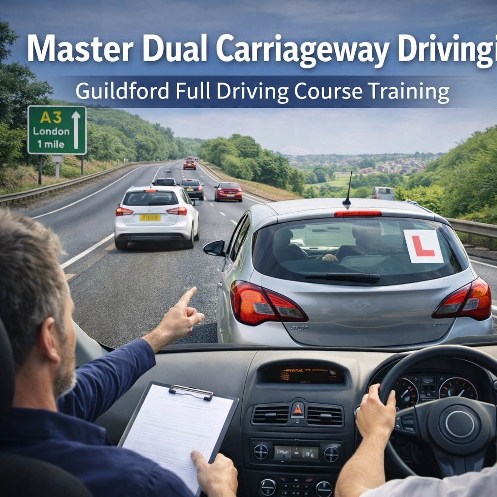Learner driver practising dual carriageway driving near the A3 in Guildford during a full driving course