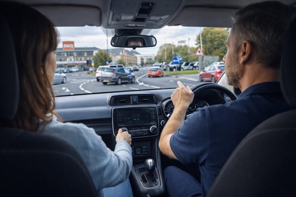 Instructor guiding learner driver through busy roundabout in Guildford during automatic refresher driving lesson with real traffic conditions