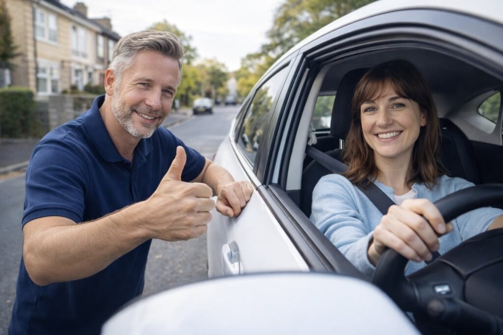 Happy learner driver smiling after automatic refresher driving lesson in Guildford with instructor showing approval on residential street