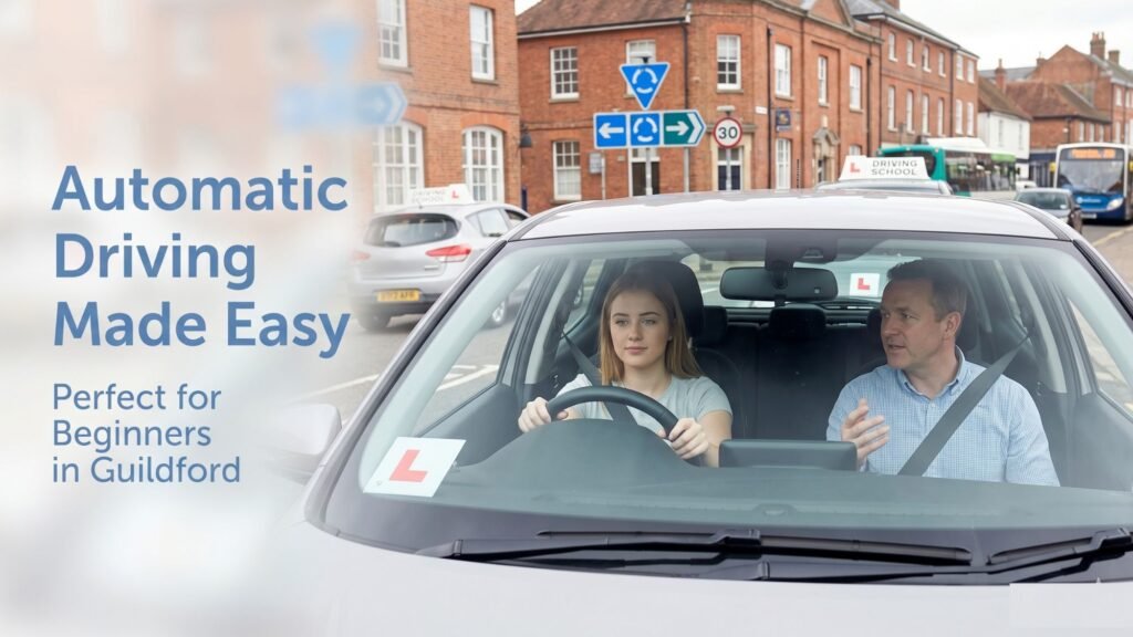 Learner driver taking automatic driving lessons in Guildford with instructor in busy traffic conditions