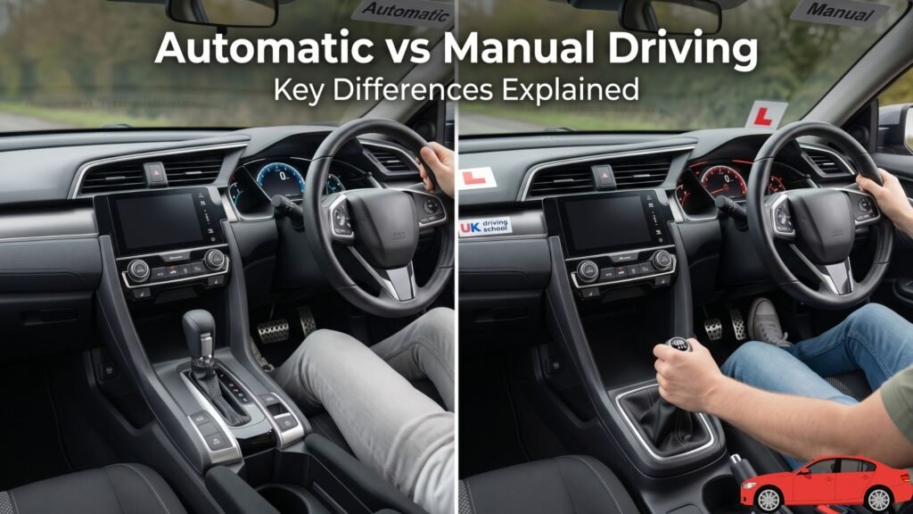 Automatic vs manual car interior comparison showing gear stick and clutch differences for learner drivers in Guildford