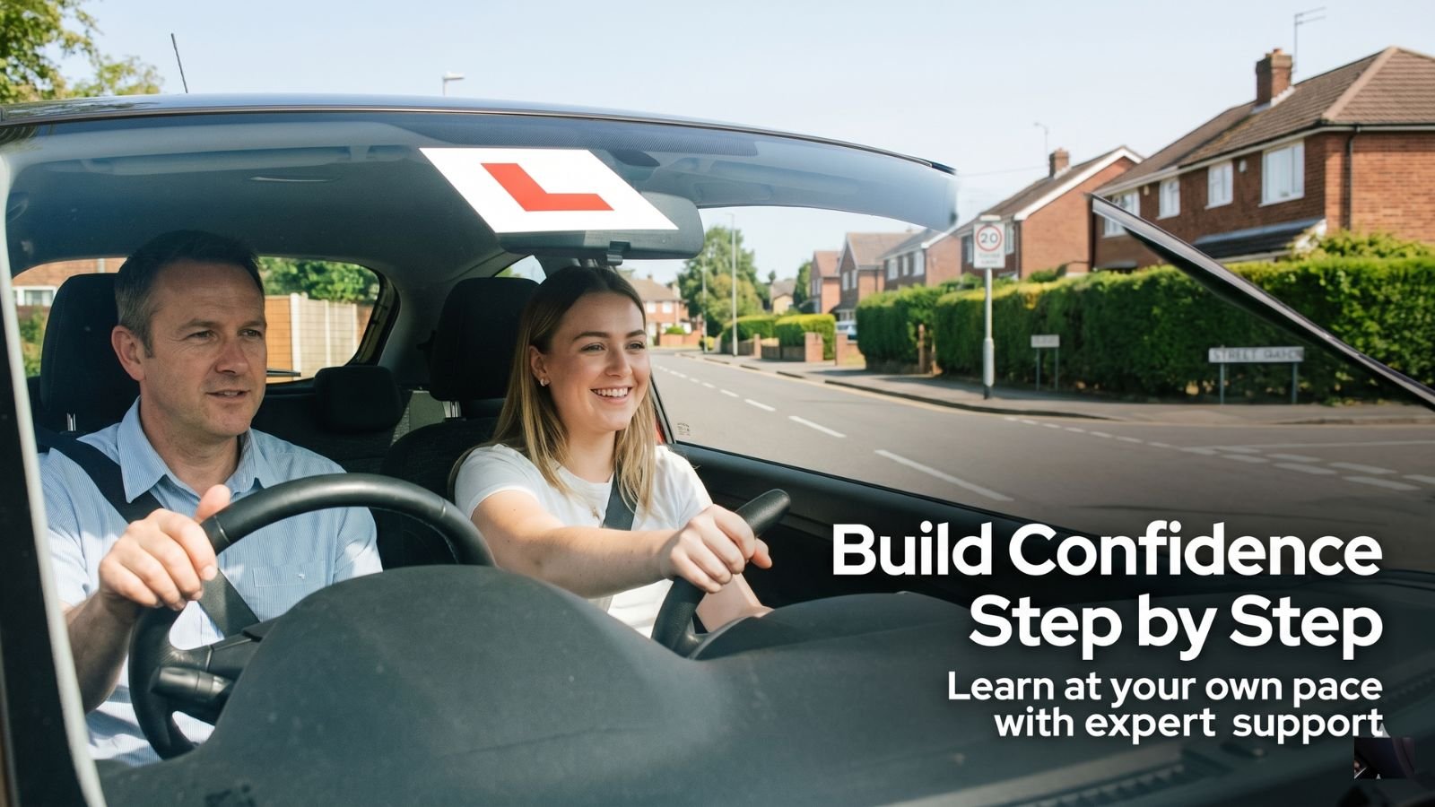 Nervous driver taking lesson with patient instructor in Guildford