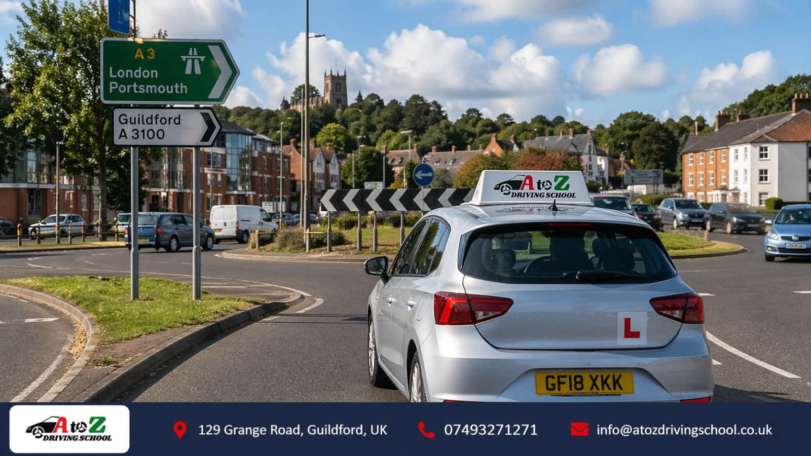 Manual driving lesson at roundabout in Guildford