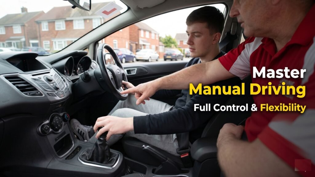 Manual driving lesson in Guildford showing learner using clutch and gear stick with instructor guidance