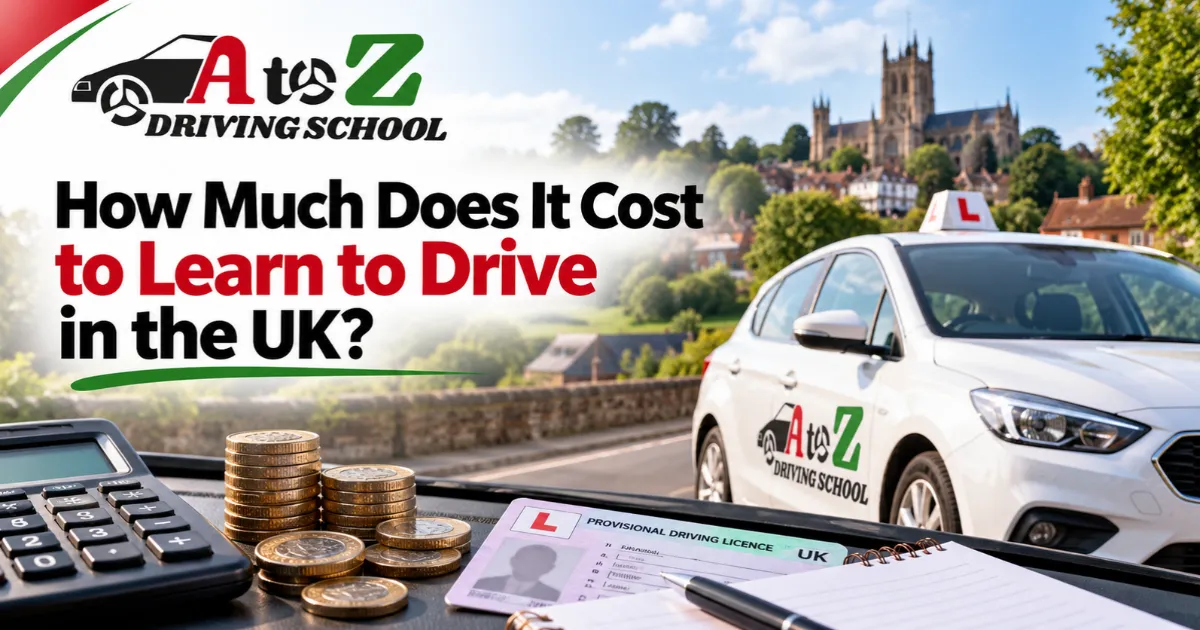 A to Z Driving School car with calculator, coins and provisional driving licence illustrating the cost to learn to drive in the UK.